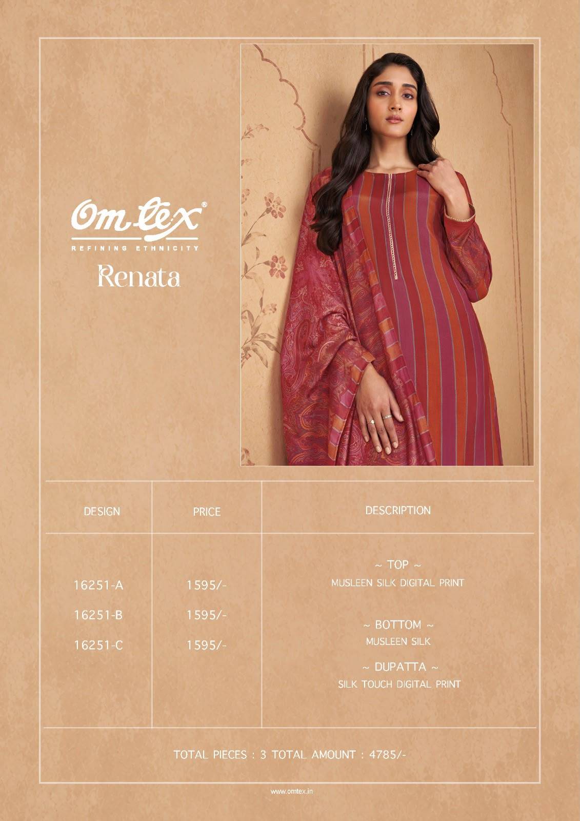 RENATA By Om Tex 16251 Series Beautiful Festive Suits Stylish Colorful Fancy Casual Wear & Ethnic Wear Muslin Silk Dresses At Wholesale Price